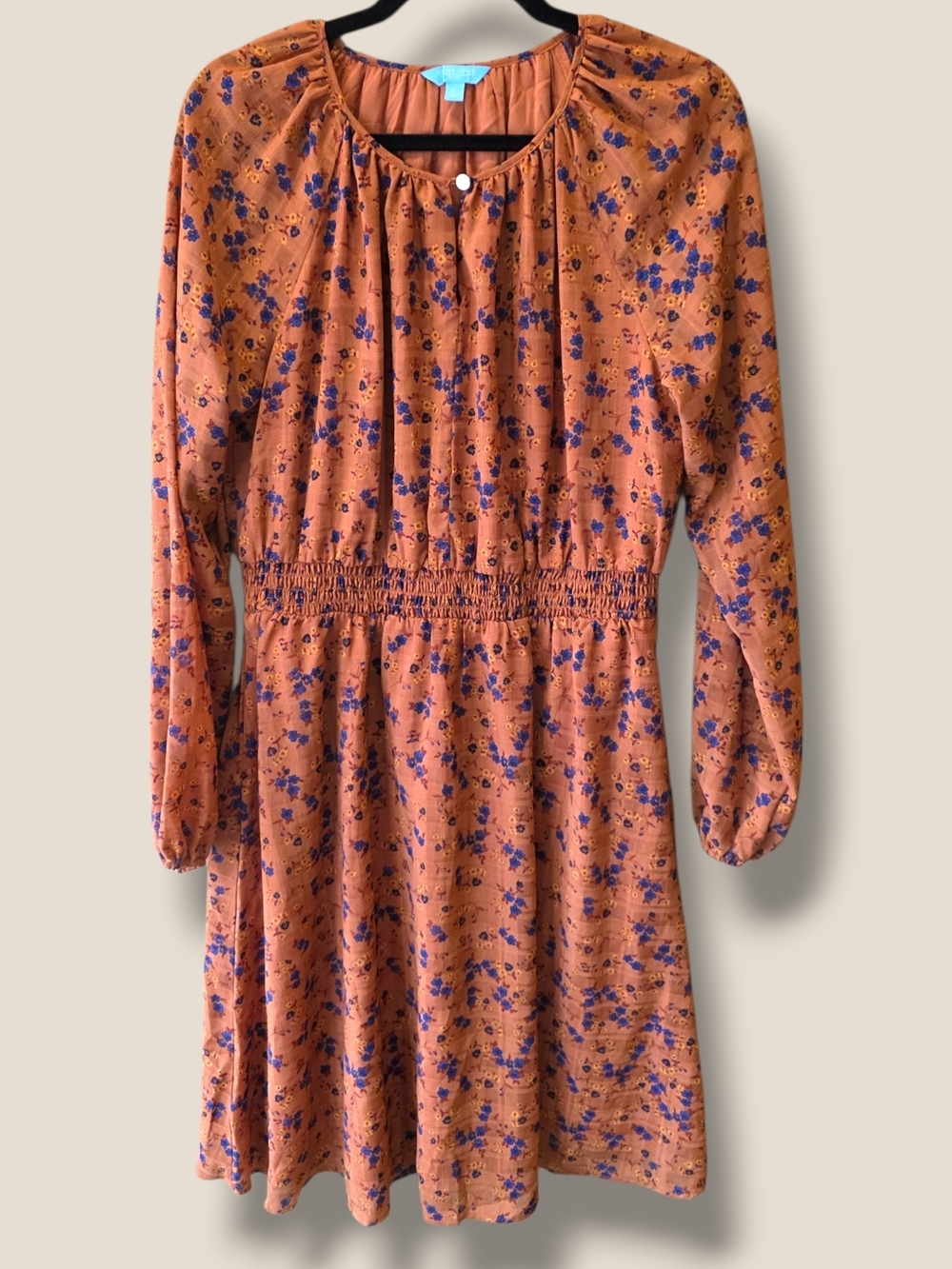 RSVP Rust Orange Floral Long-Sleeve Smocked Waist Dress